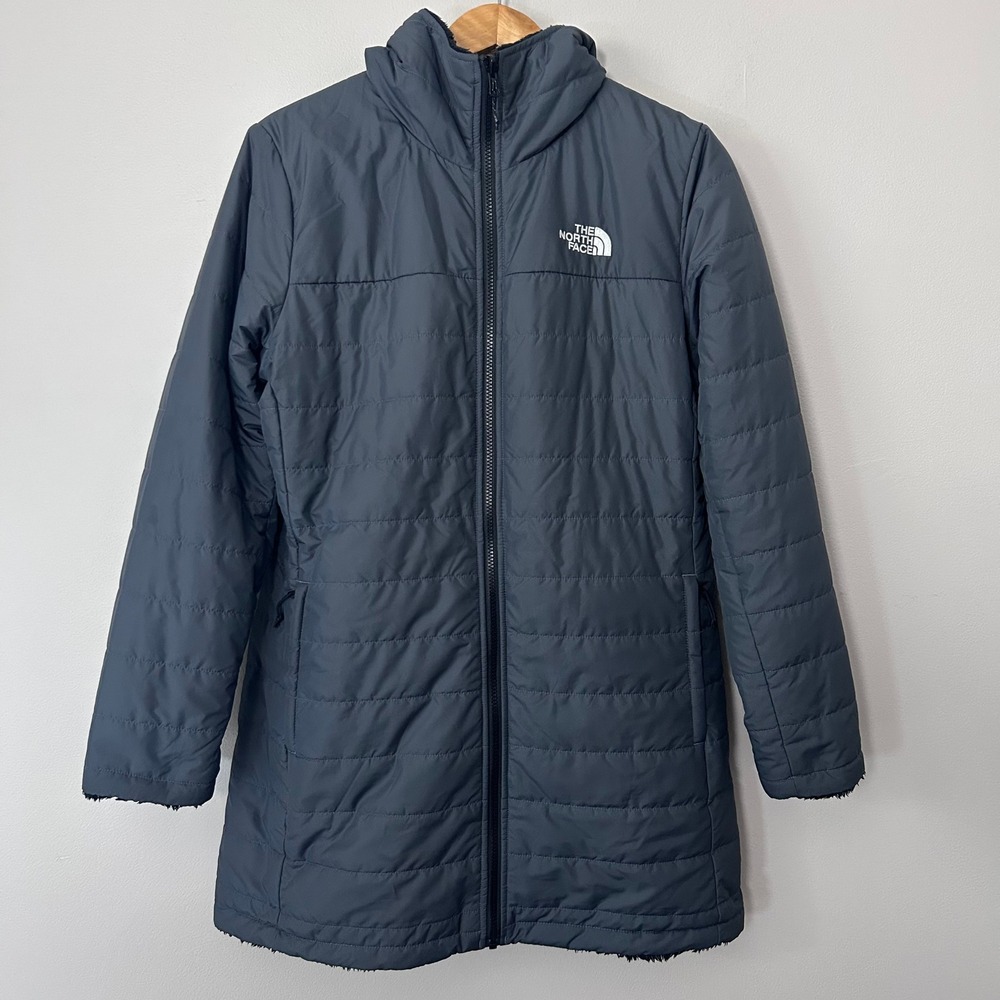 The North Face Reversible Puffer Parka Womens L Gray Black Fleece Hooded Coat
